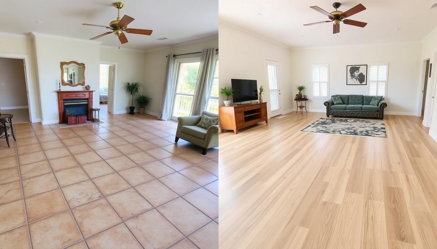 Illustration of a living room floor: worn beige ceramic tile on the left, light oak luxury vinyl plank on the right
