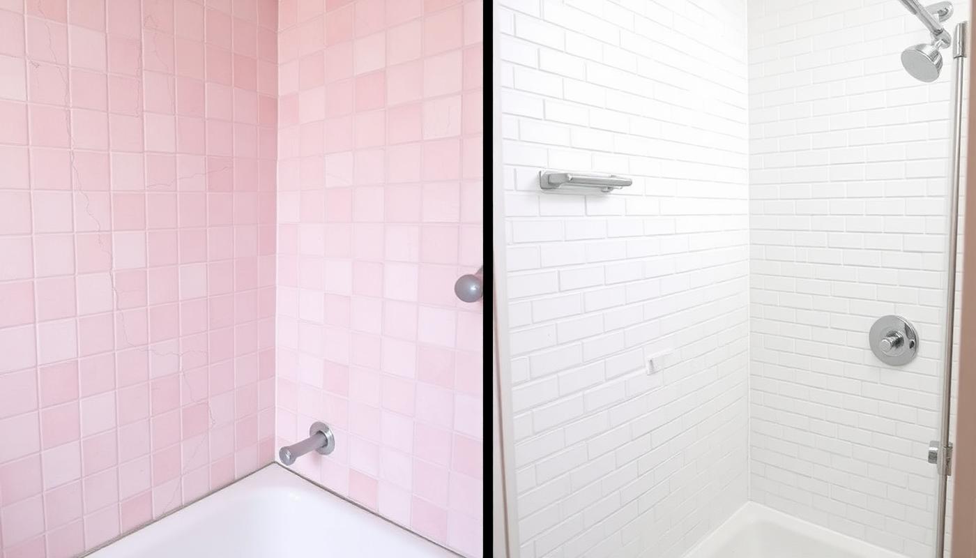 Illustration of a shower wall: cracked dated pink tile on the left, white subway tile with clean grout on the right