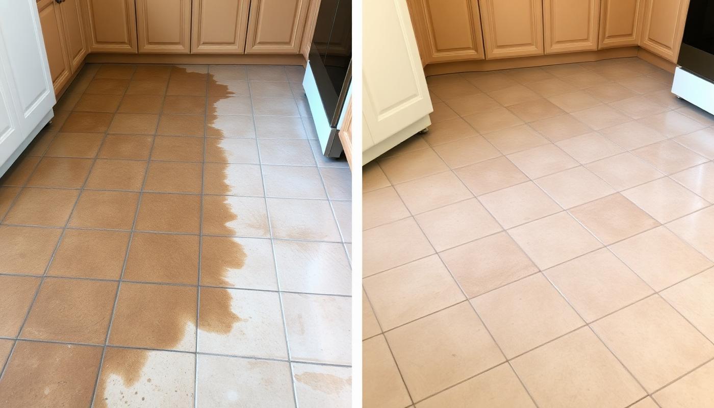 Illustration of a kitchen floor: stained dark grout lines on the left, cleaned and sealed grout on the right
