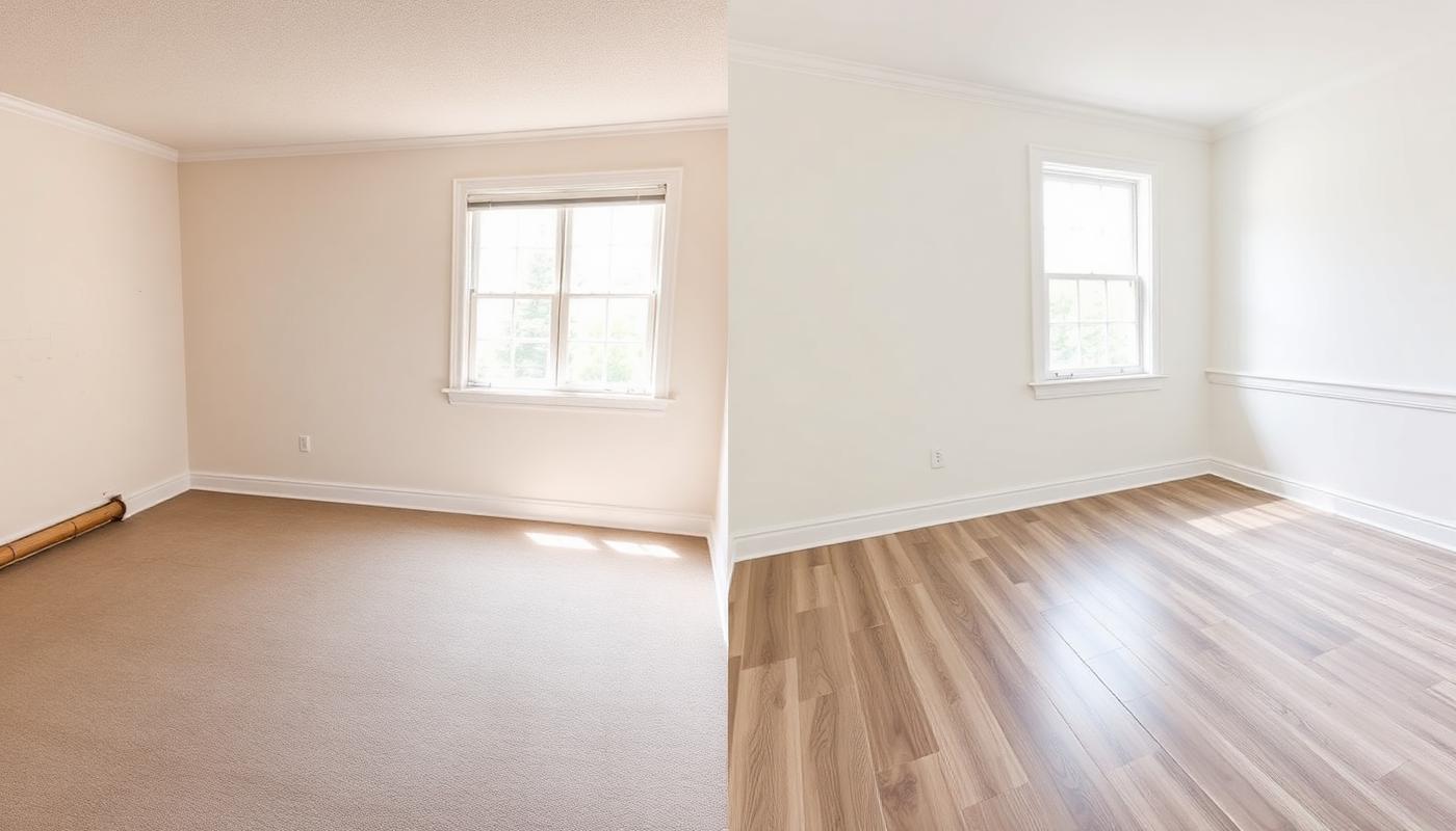 Illustration of a bedroom floor: worn carpet and damaged baseboards on the left, laminate flooring and white baseboards on the right