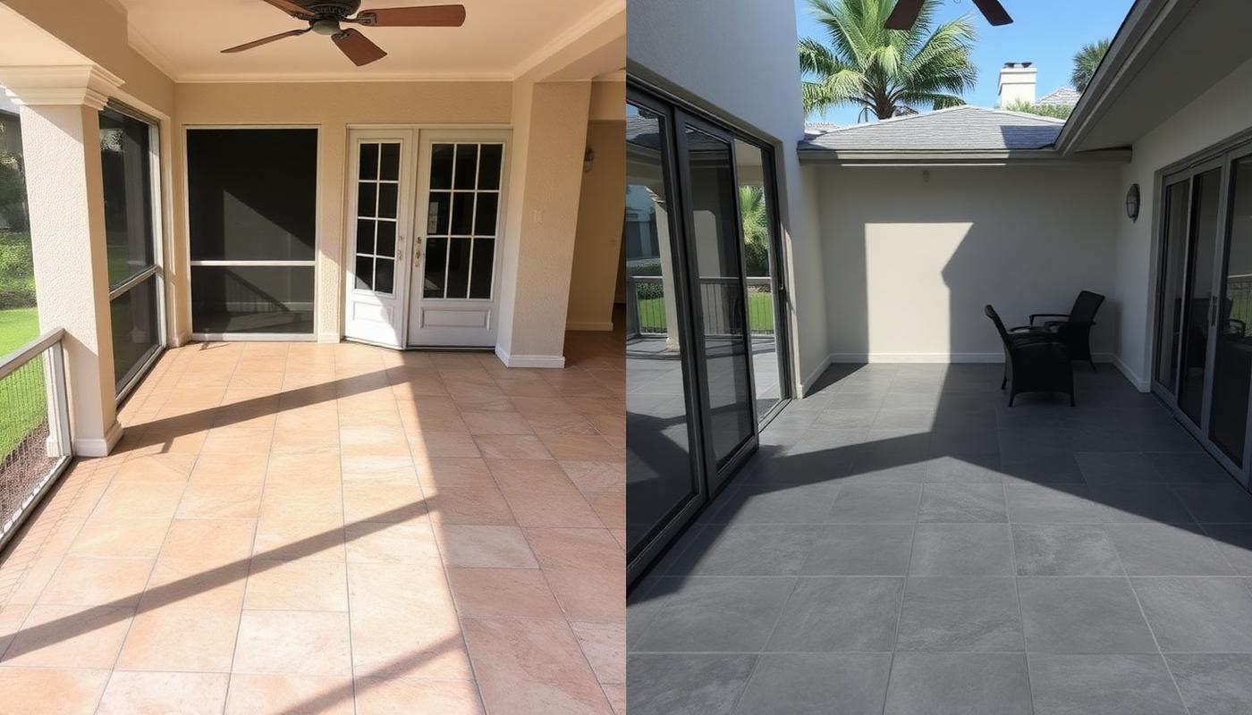 Illustration of a screened lanai floor: faded chipped patio tile on the left, gray porcelain outdoor tile on the right